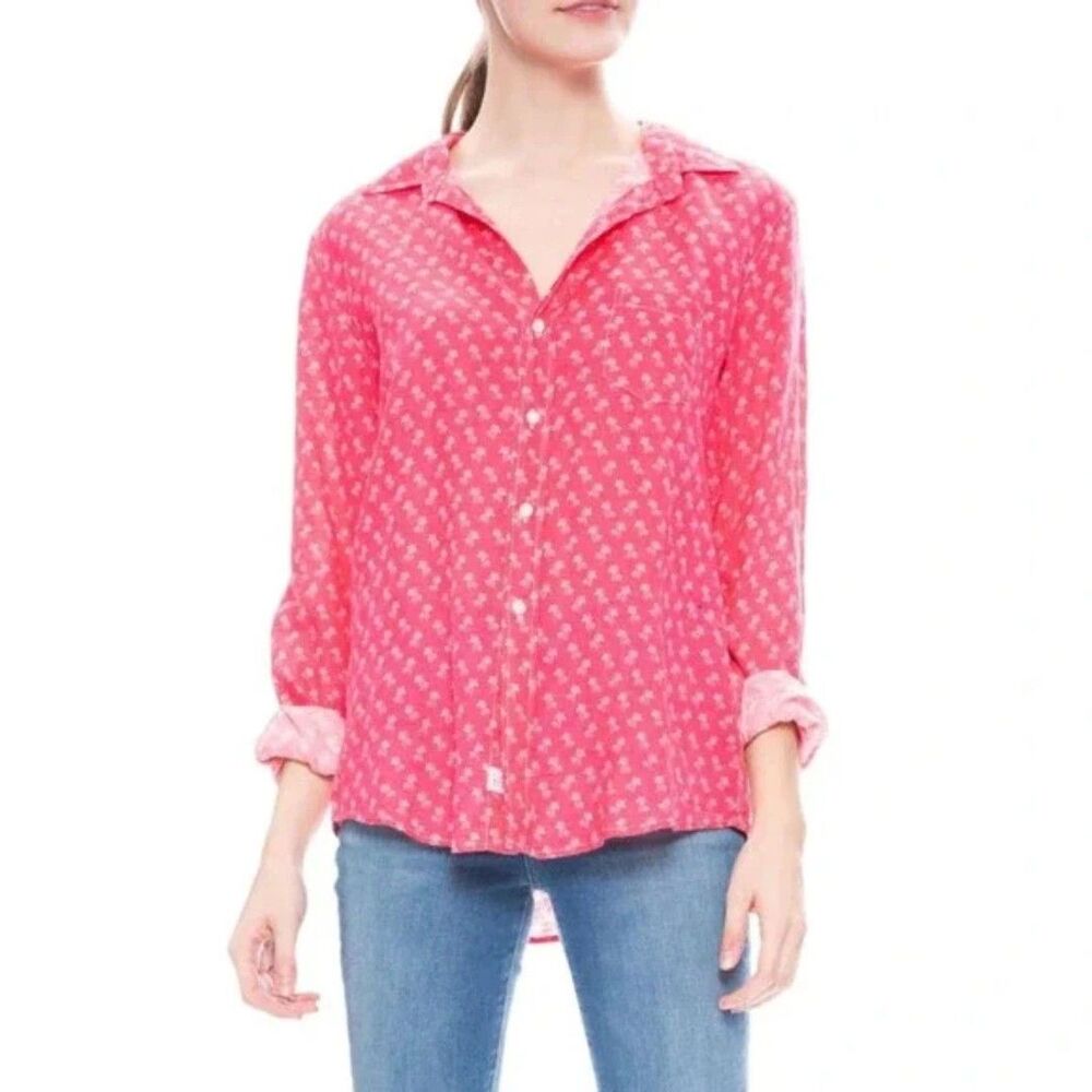 Frank & Eileen Womens Shirt Pink Barry Button Up Slim Linen Palm Tree Medium